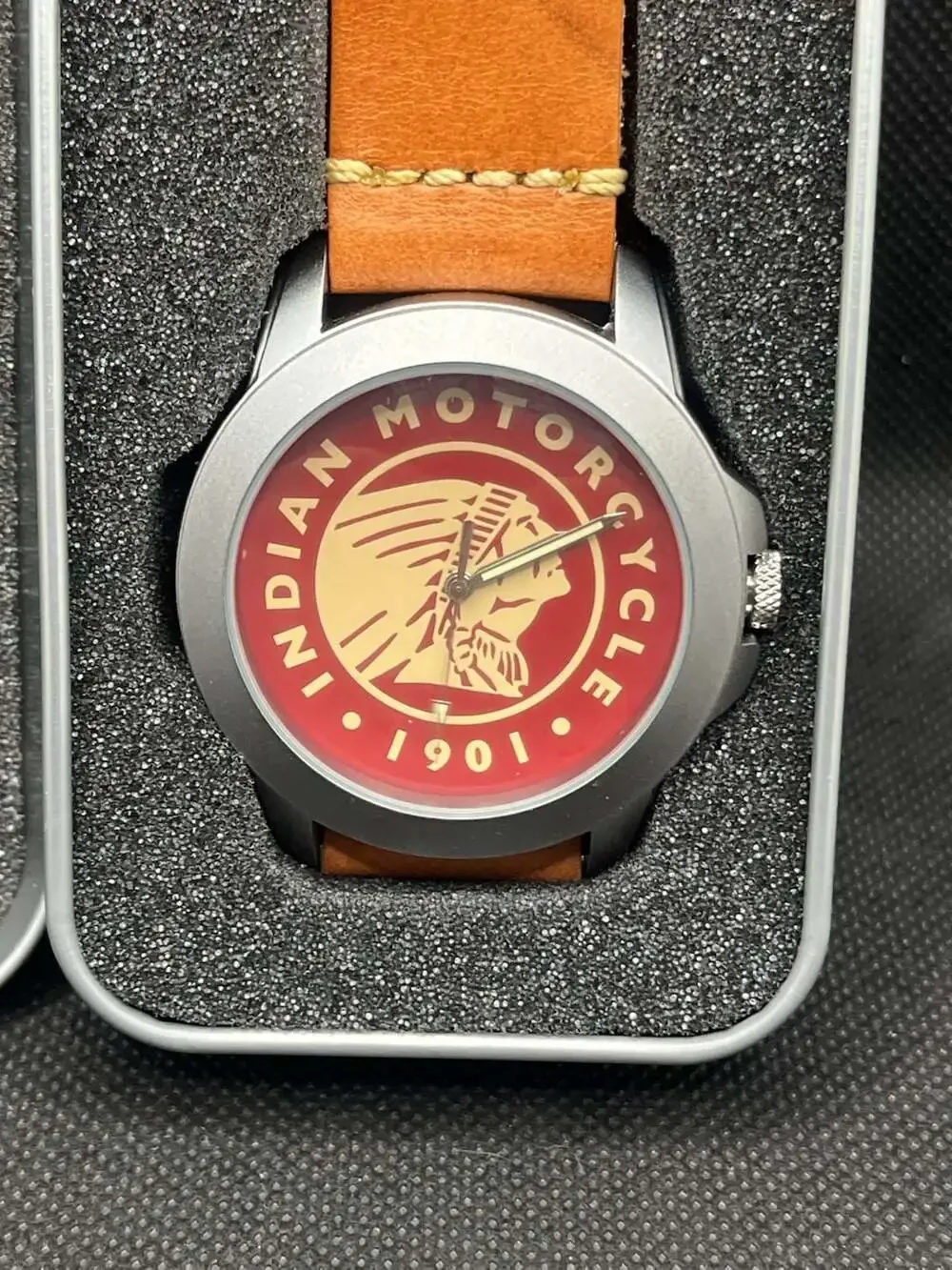 Indian Motorcycle 1901 Logo Leather Band Wrist Watch with Presentation Tin